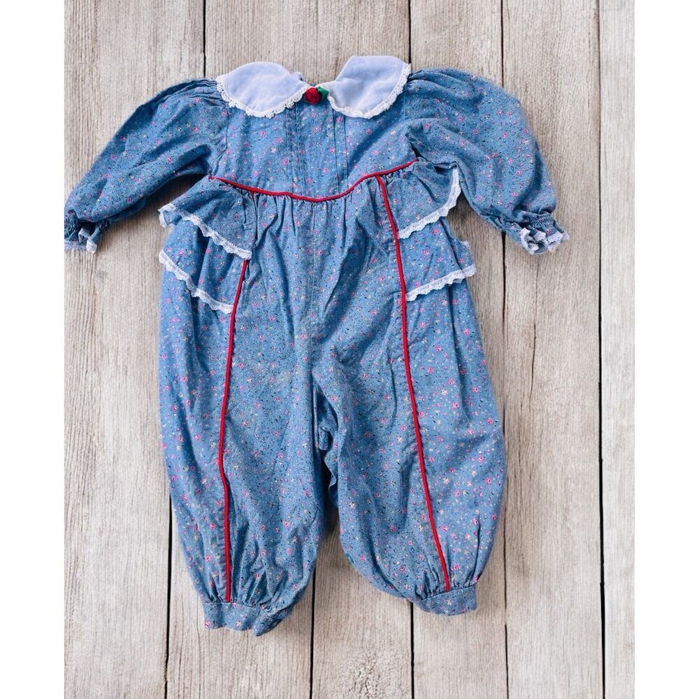 Vintage Bryan Baby Girl Blue Floral Romper Jumpsuit See Measurement 6-9mo 80's